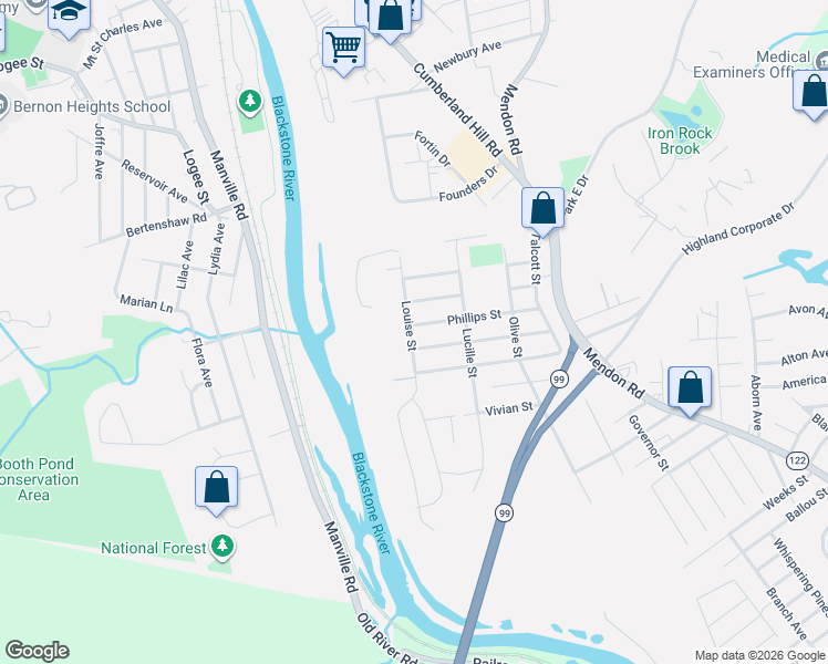 map of restaurants, bars, coffee shops, grocery stores, and more near 275 Burrington Street in Woonsocket