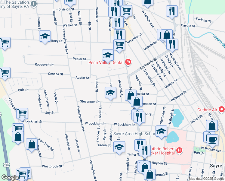map of restaurants, bars, coffee shops, grocery stores, and more near 110 Larch Road in Sayre