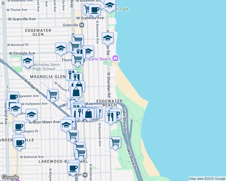 map of restaurants, bars, coffee shops, grocery stores, and more near 5733 North Sheridan Road in Chicago