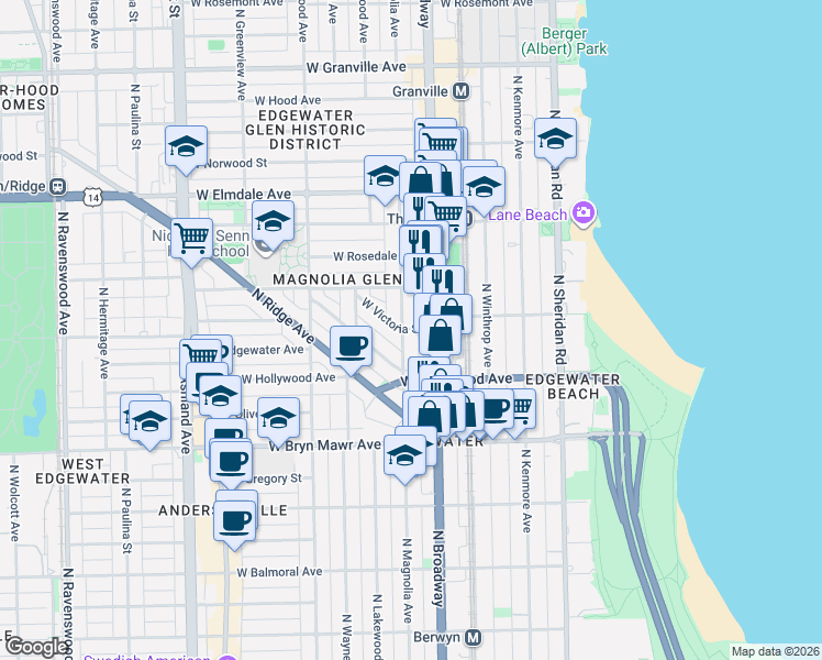 map of restaurants, bars, coffee shops, grocery stores, and more near 5724 North Magnolia Avenue in Chicago