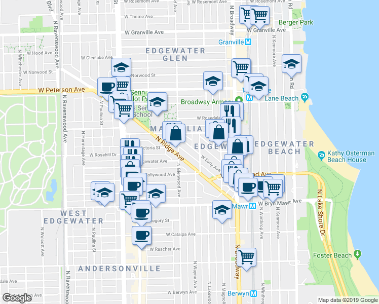 map of restaurants, bars, coffee shops, grocery stores, and more near 5745 North Ridge Avenue in Chicago