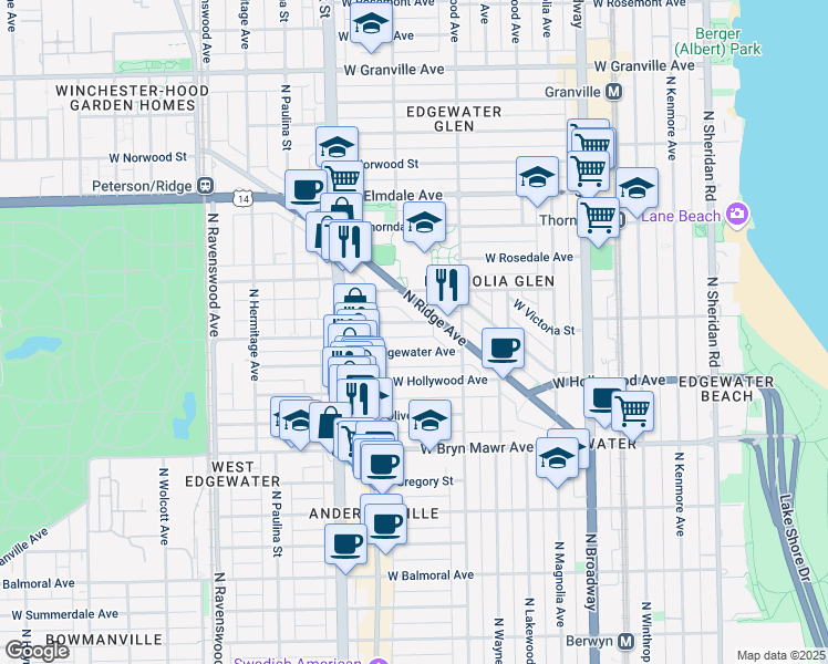 map of restaurants, bars, coffee shops, grocery stores, and more near 1462 West Edgewater Avenue in Chicago