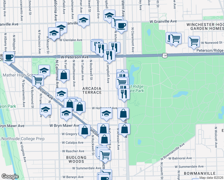 map of restaurants, bars, coffee shops, grocery stores, and more near 5751 North Campbell Avenue in Chicago