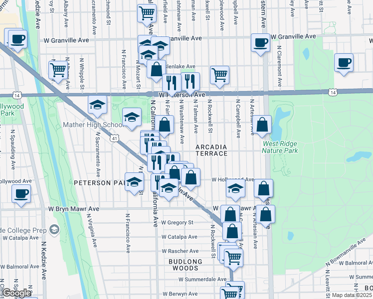 map of restaurants, bars, coffee shops, grocery stores, and more near 5752 North Talman Avenue in Chicago