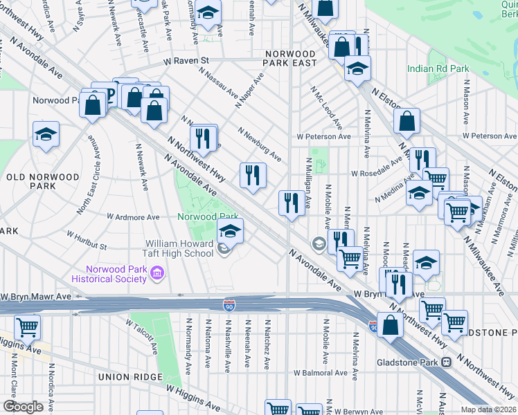 map of restaurants, bars, coffee shops, grocery stores, and more near 5736 North Northwest Highway in Chicago