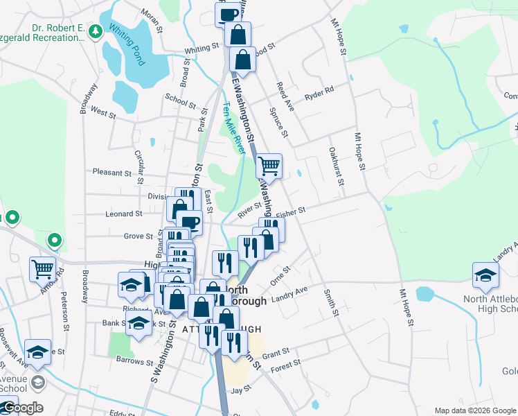 map of restaurants, bars, coffee shops, grocery stores, and more near 51 River Street in North Attleborough