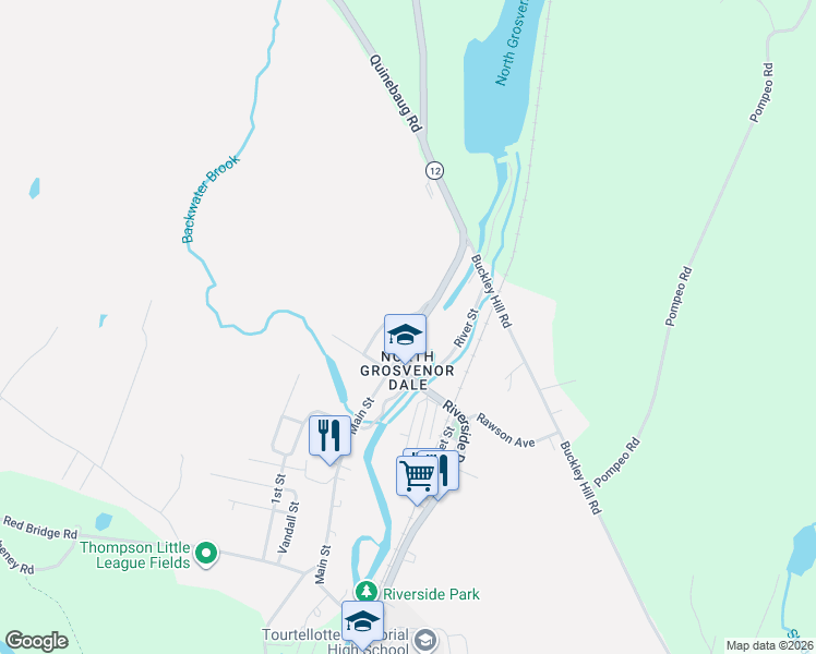 map of restaurants, bars, coffee shops, grocery stores, and more near 954 Riverside Drive in Thompson