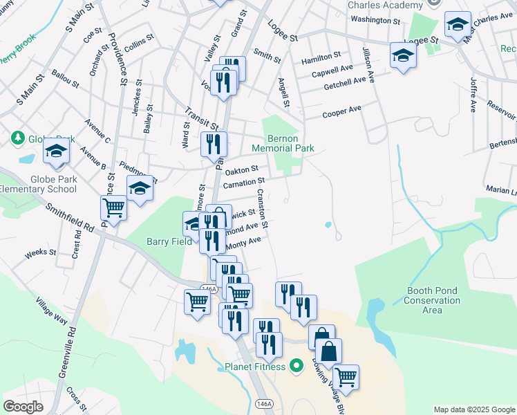 map of restaurants, bars, coffee shops, grocery stores, and more near 160 Warwick Street in Woonsocket