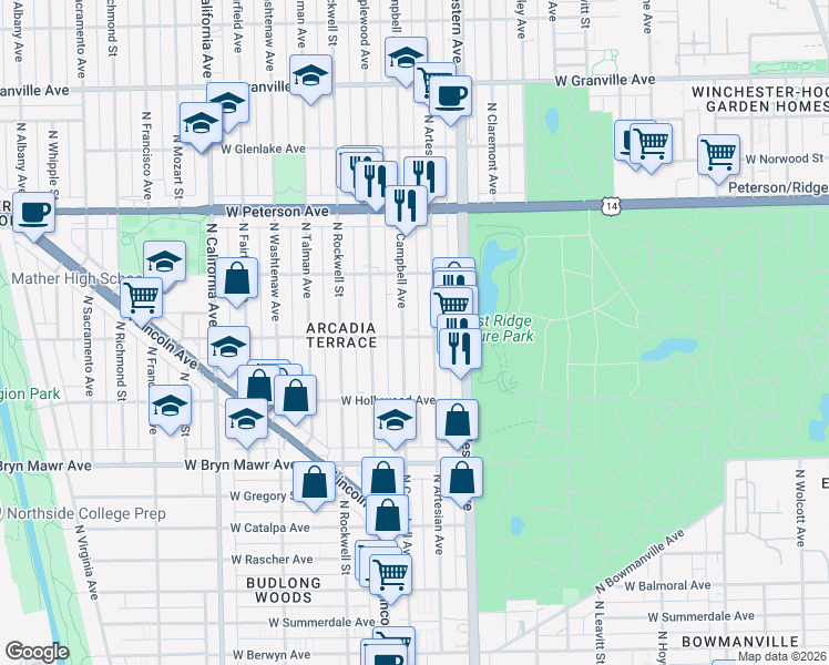map of restaurants, bars, coffee shops, grocery stores, and more near 5751 North Campbell Avenue in Chicago