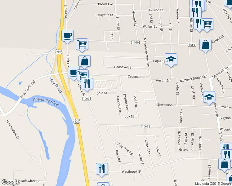 map of restaurants, bars, coffee shops, grocery stores, and more near 118 Cole Street in Sayre