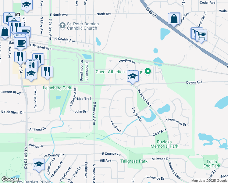 map of restaurants, bars, coffee shops, grocery stores, and more near 652 Coral Avenue in Bartlett