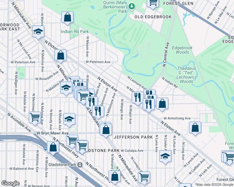 map of restaurants, bars, coffee shops, grocery stores, and more near 5814 North Elston Avenue in Chicago