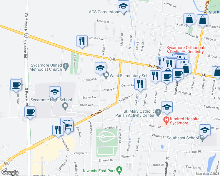 map of restaurants, bars, coffee shops, grocery stores, and more near 631 1/2 Archie Place in Sycamore