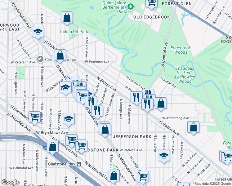 map of restaurants, bars, coffee shops, grocery stores, and more near 5762 North Mango Avenue in Chicago