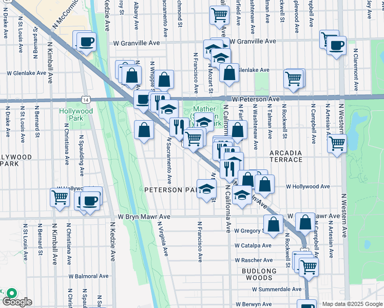 map of restaurants, bars, coffee shops, grocery stores, and more near 5750 North Francisco Avenue in Chicago