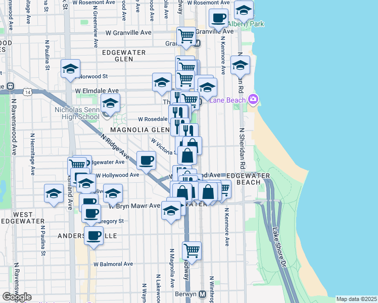 map of restaurants, bars, coffee shops, grocery stores, and more near 5733 North Broadway in Chicago