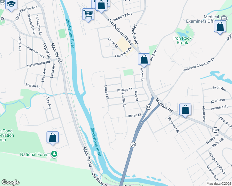 map of restaurants, bars, coffee shops, grocery stores, and more near 204 Burrington Street in Woonsocket