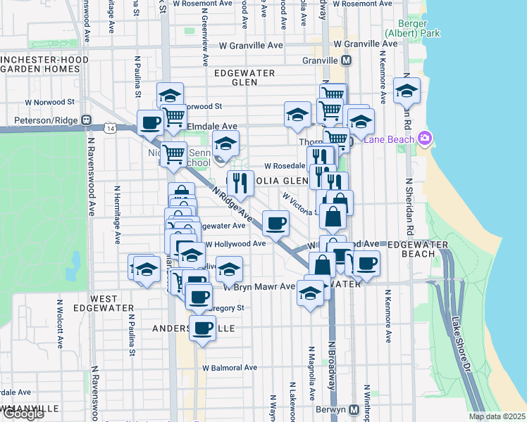 map of restaurants, bars, coffee shops, grocery stores, and more near 5745 North Ridge Avenue in Chicago