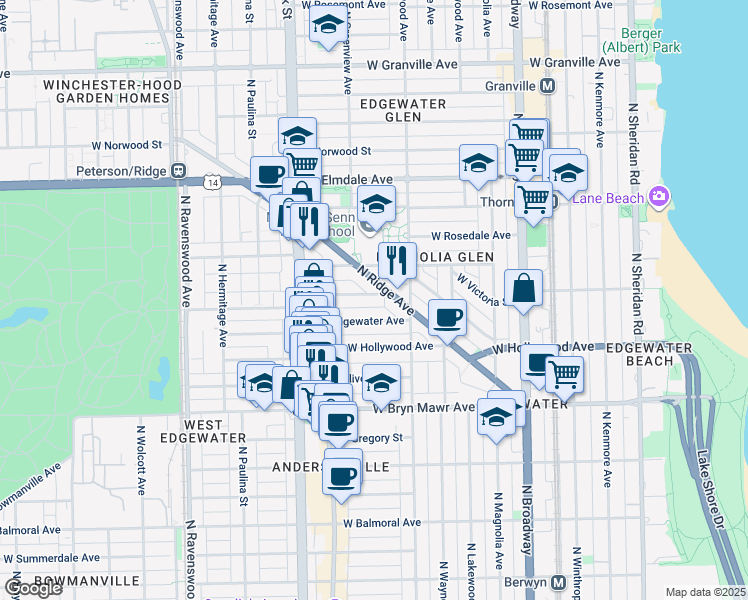 map of restaurants, bars, coffee shops, grocery stores, and more near 1422 West Edgewater Avenue in Chicago