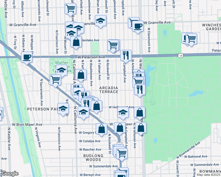 map of restaurants, bars, coffee shops, grocery stores, and more near in Chicago