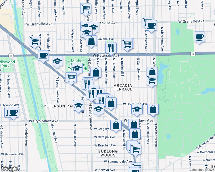 map of restaurants, bars, coffee shops, grocery stores, and more near 5752 North Talman Avenue in Chicago