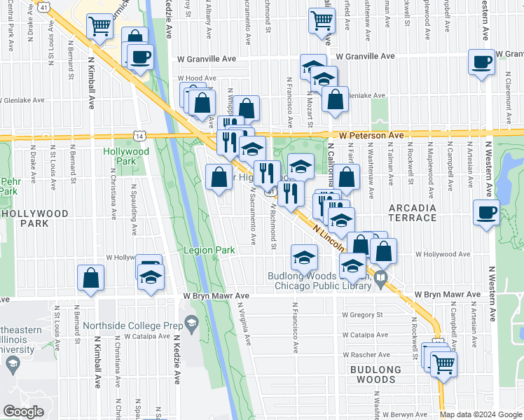 map of restaurants, bars, coffee shops, grocery stores, and more near 29 West Ardmore Avenue in Chicago