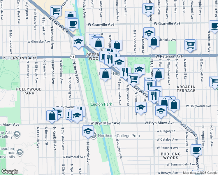 map of restaurants, bars, coffee shops, grocery stores, and more near 3019 West Ardmore Avenue in Chicago