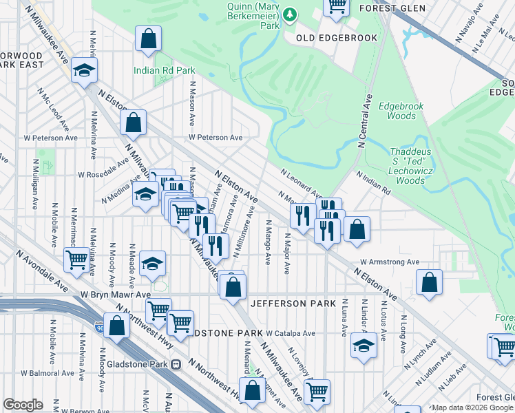 map of restaurants, bars, coffee shops, grocery stores, and more near 5762 North Mango Avenue in Chicago
