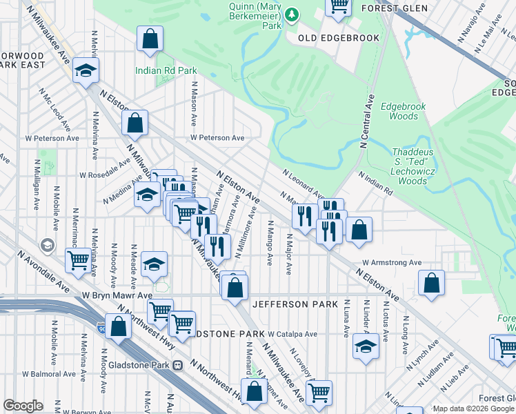 map of restaurants, bars, coffee shops, grocery stores, and more near 5762 North Mango Avenue in Chicago