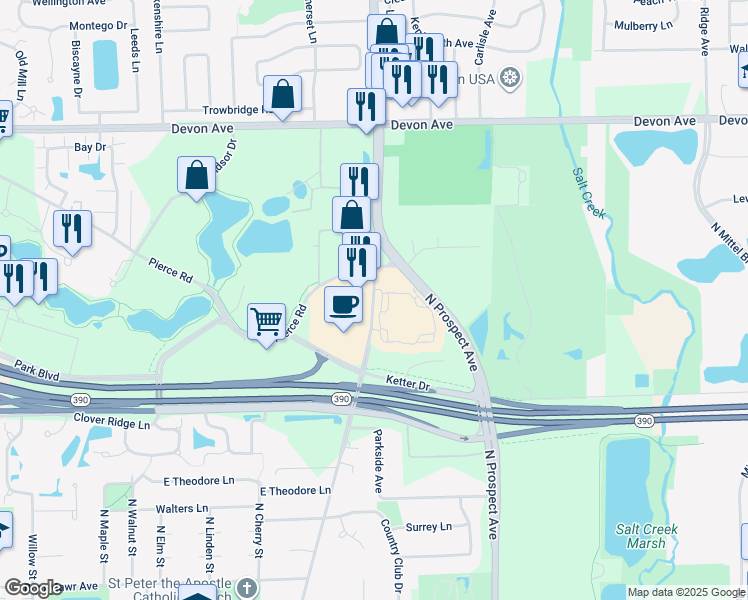 map of restaurants, bars, coffee shops, grocery stores, and more near 1150 North Arlington Heights Road in Itasca