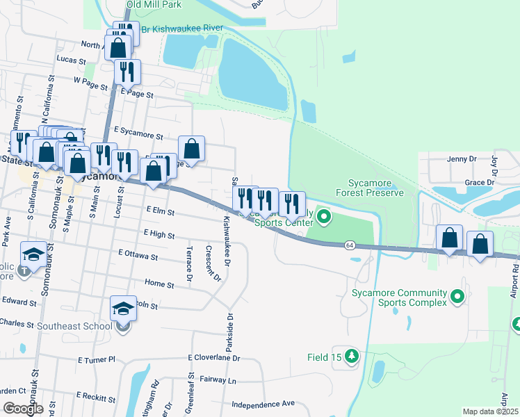 map of restaurants, bars, coffee shops, grocery stores, and more near 605 East State Street in Sycamore