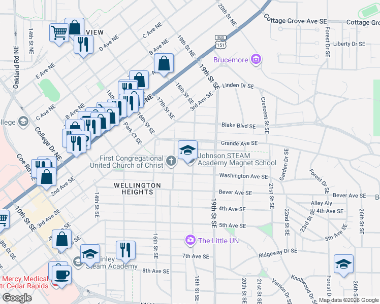 map of restaurants, bars, coffee shops, grocery stores, and more near 1701-1799 Park Avenue Southeast in Cedar Rapids