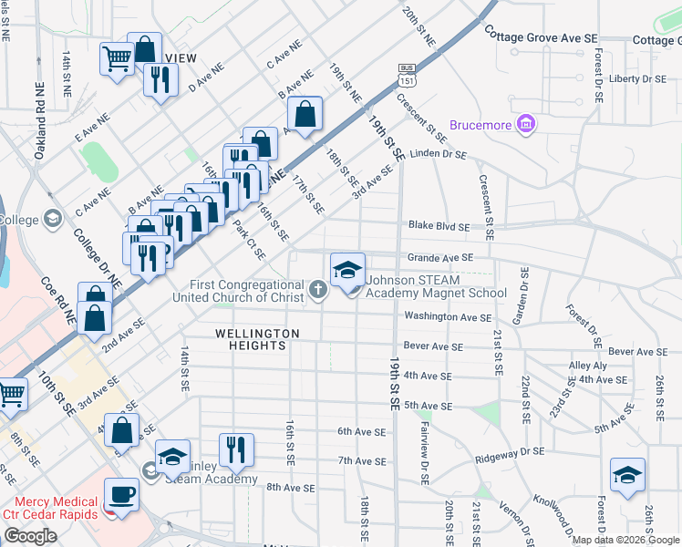 map of restaurants, bars, coffee shops, grocery stores, and more near 1701-1799 Park Avenue Southeast in Cedar Rapids