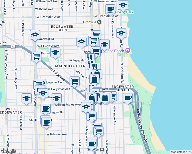 map of restaurants, bars, coffee shops, grocery stores, and more near 5733 North Broadway in Chicago