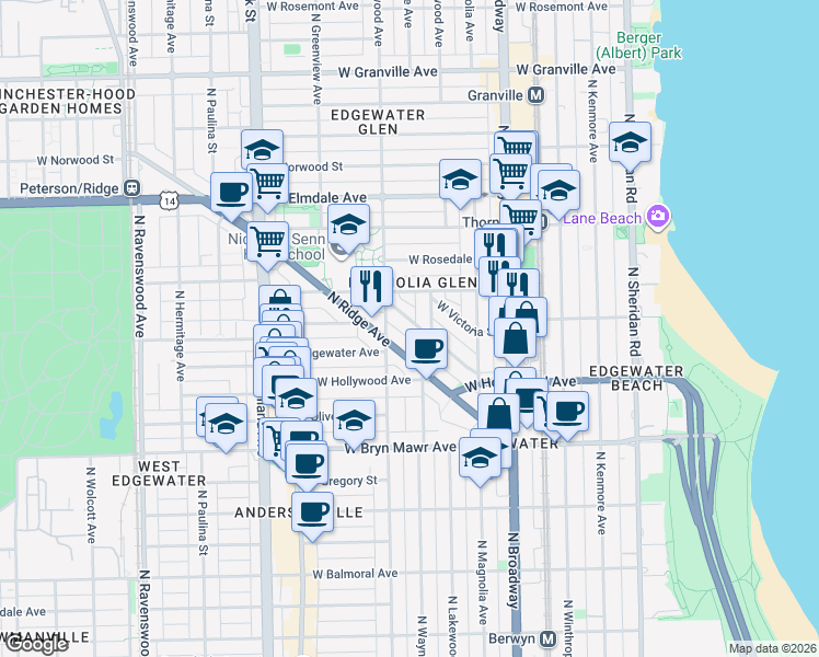 map of restaurants, bars, coffee shops, grocery stores, and more near 1319 West Early Avenue in Chicago