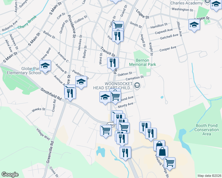 map of restaurants, bars, coffee shops, grocery stores, and more near 1195 Park Avenue in Woonsocket