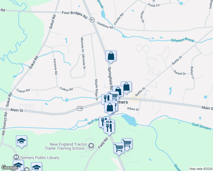 map of restaurants, bars, coffee shops, grocery stores, and more near 7 Bugbee Lane in Somers