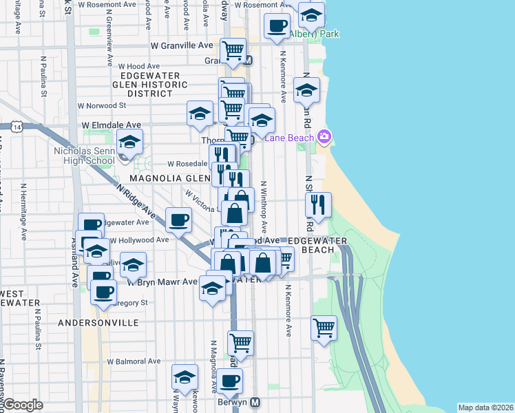 map of restaurants, bars, coffee shops, grocery stores, and more near 5730 North Winthrop Avenue in Chicago