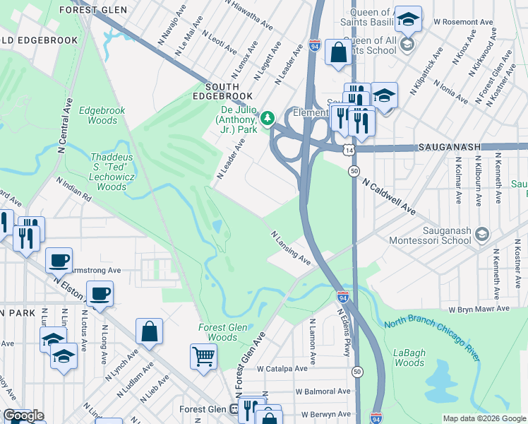 map of restaurants, bars, coffee shops, grocery stores, and more near 5815 North Lansing Avenue in Chicago