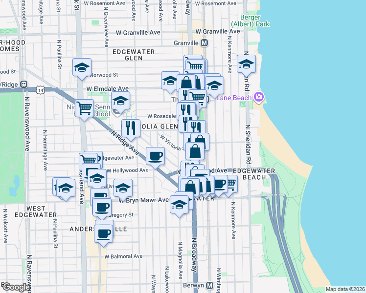map of restaurants, bars, coffee shops, grocery stores, and more near 1218 West Victoria Street in Chicago