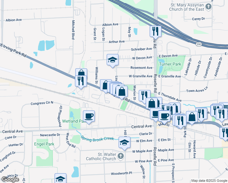 map of restaurants, bars, coffee shops, grocery stores, and more near 183 West Irving Park Road in Roselle
