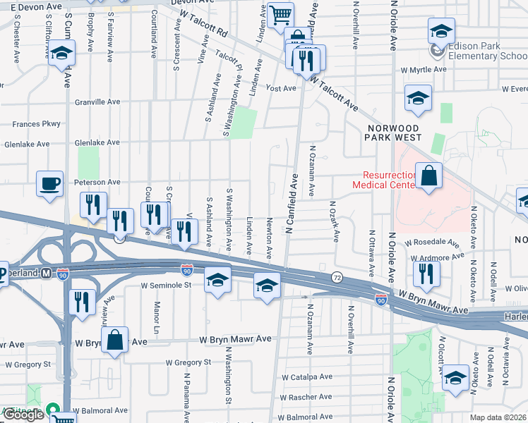 map of restaurants, bars, coffee shops, grocery stores, and more near 1925 Linden Avenue in Park Ridge