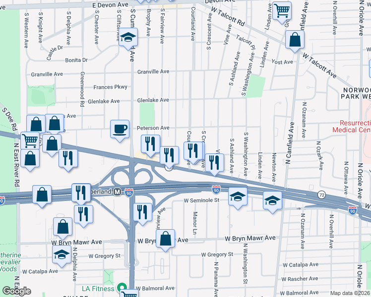 map of restaurants, bars, coffee shops, grocery stores, and more near 1919 South Prospect Avenue in Park Ridge