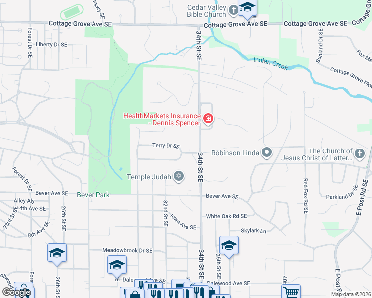 map of restaurants, bars, coffee shops, grocery stores, and more near 3317 Terry Drive Southeast in Cedar Rapids