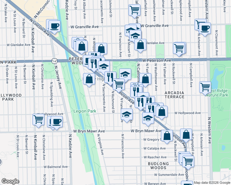 map of restaurants, bars, coffee shops, grocery stores, and more near 5824 North Lincoln Avenue in Chicago