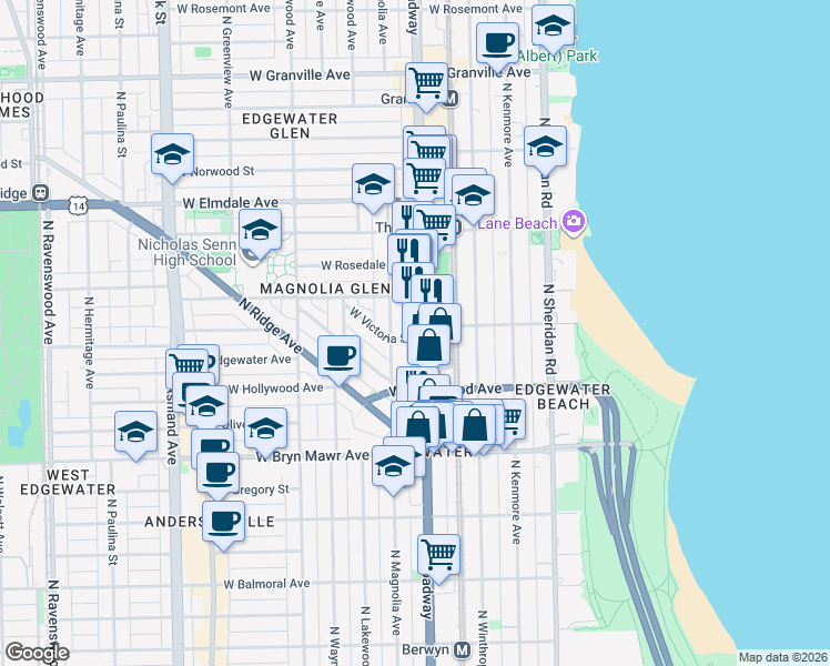 map of restaurants, bars, coffee shops, grocery stores, and more near 5733 North Broadway in Chicago