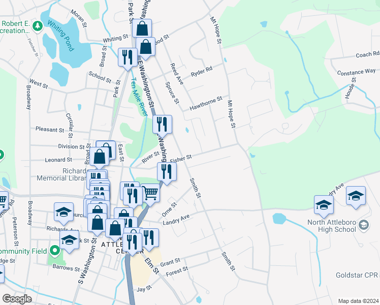 map of restaurants, bars, coffee shops, grocery stores, and more near 208 Smith Street in North Attleborough