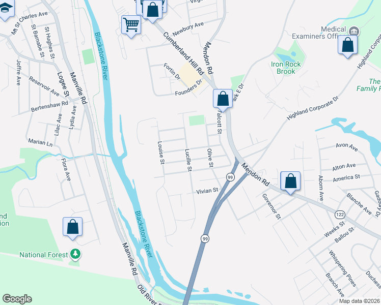 map of restaurants, bars, coffee shops, grocery stores, and more near 204 Burrington Street in Woonsocket