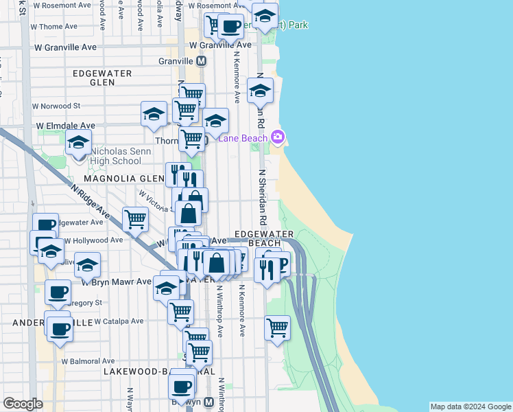 map of restaurants, bars, coffee shops, grocery stores, and more near 5740 North Sheridan Road in Chicago