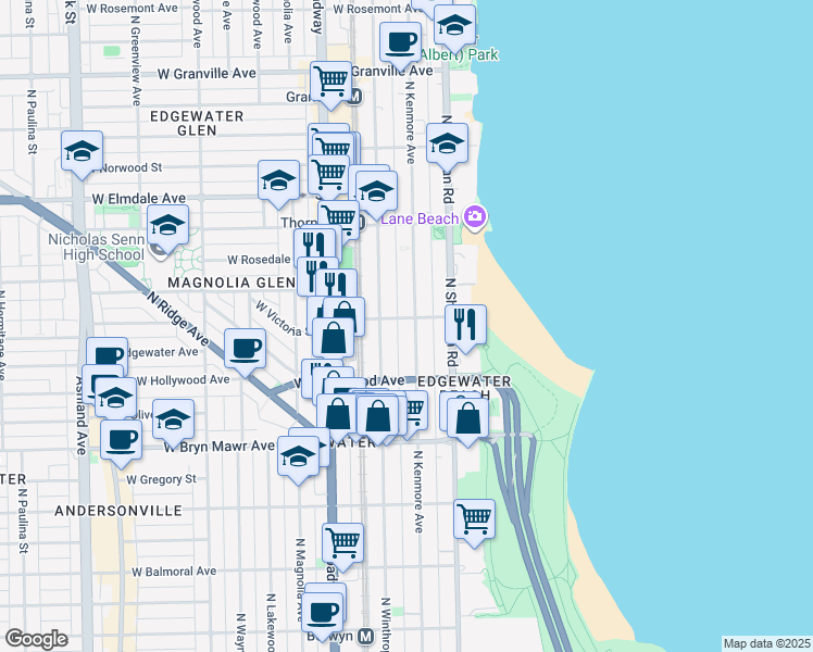 map of restaurants, bars, coffee shops, grocery stores, and more near 5732 North Kenmore Avenue in Chicago